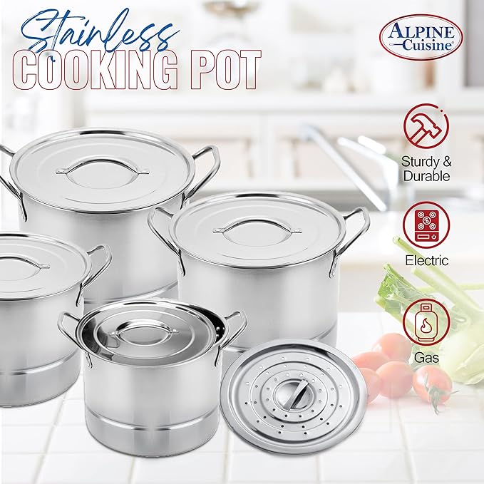 Alpine Cuisine 12-Piece Stainless Steel Stock Pot and Steamer Set – Large Cooking Pots with Lids For Soup, Boiling, Canning, Steaming, Tamales 6.5/9.5/12/16 Quart