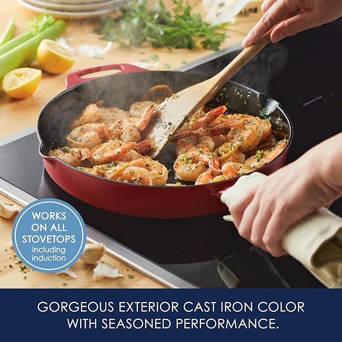 Rachael Ray NITRO Cast Iron Frying Pan/Skillet with Helper Handle and Pour Spouts, 12 Inch, Red