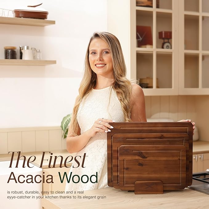 Acacia Wood Cutting Board Set of 3 (16 x 12/14 x 10/12 x 8), Walnut - 0.8 in Extra Thick Wooden Chopping Boards with Deep Juice Grooves - Non-Slip, Non-Toxic & Durable Boards for Meat & Vegetables