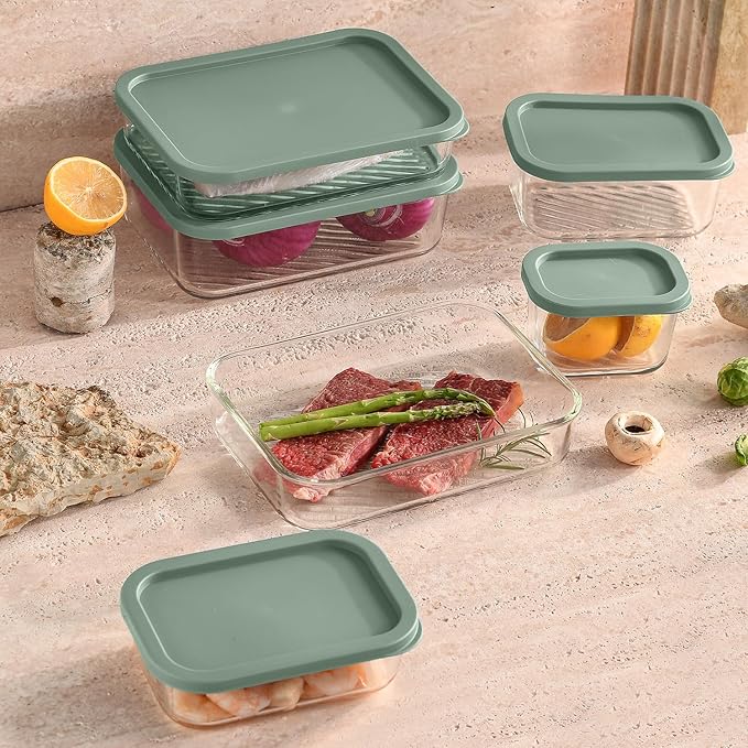 EATEX 6 Pack Glass Meal Prep Containers with Grooved Base, 6 Stackable BPA Free Glass Storage Containers with Lids for Lunch, Pantry, and Kitchen - Microwave, Dishwasher Freezer & Oven Safe - Sage