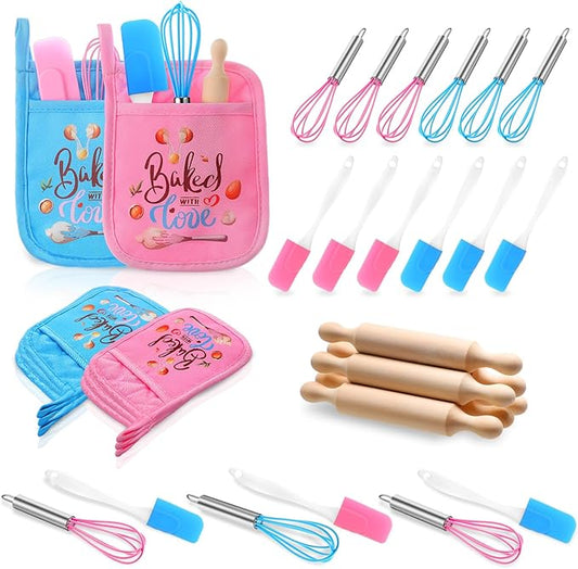 24 Pcs Kids Mini Baking Supplies with Kitchen Utensil, Pot Holders, Spatula, Rolling Pin, Whisk for Kids Classroom School Exchange Party Favors (Small)