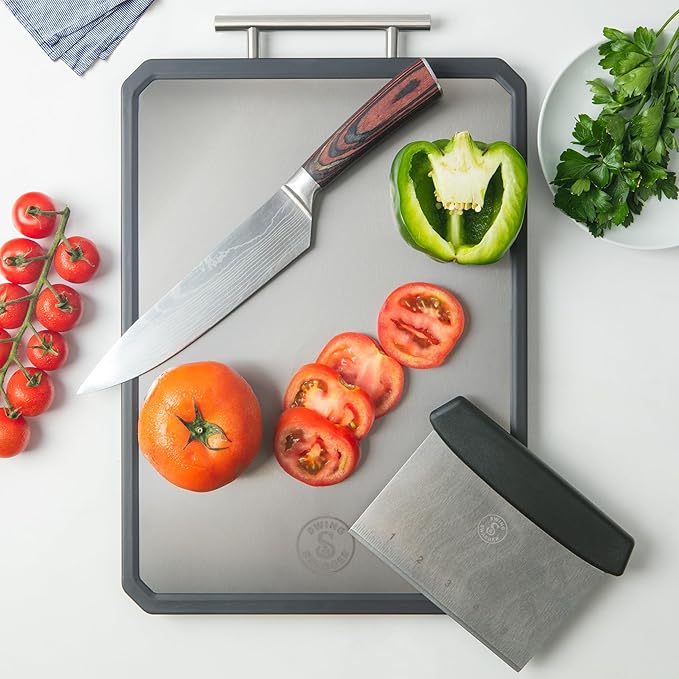 Swing Swagger Titanium Cutting Board for Kitchen with Measuring Scraper – 16” x 11” Double-Sided Metal Cutting Board, Non-Toxic, Food-Grade Titanium & Wheat Straw PP, Steel Grip Handle, Non-Slip Edges