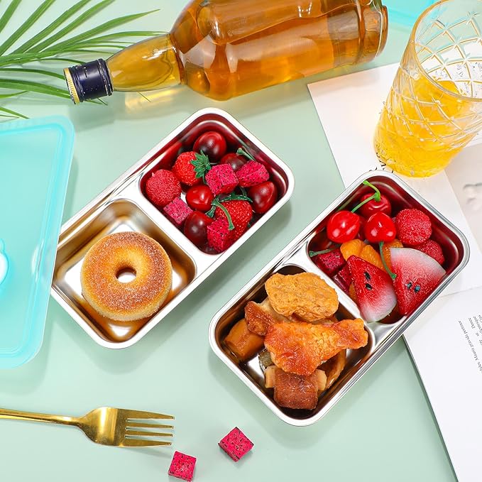6 Pcs Stainless Steel Snack Containers 30 oz 2-compartment Meal Prep Containers Reusable Metal Divided Bento Box with Silicone Lids Leakproof Lunch Box Dishwasher Safe (Blue)