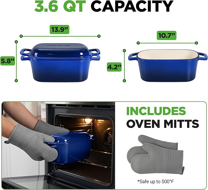 NutriChef 10" Enameled Cast Iron Bread Pan with Lid, Oval Loaf Dutch Oven with Silicone Gloves, Oven-Safe to 500°F, for Baking, Roasting, Stewing & More, Dishwasher Safe (Blue)