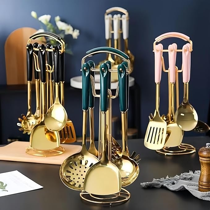 Gold Kitchen Utensils,7 Pieces Cooking Utensils Set,Kitchen Tools Set With Utensil Holder, Gold Kitchen Accessories,Dishwasher Safe, Easy To Clean(White)