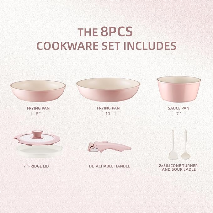 8PCS Ceramic Cookware,Nonstick Ceramic Pan, Removable Handle Pots and Pans Set, Stackable Pan Set, Nonstick Pots and Pans Set Non Stick pot(Pink)