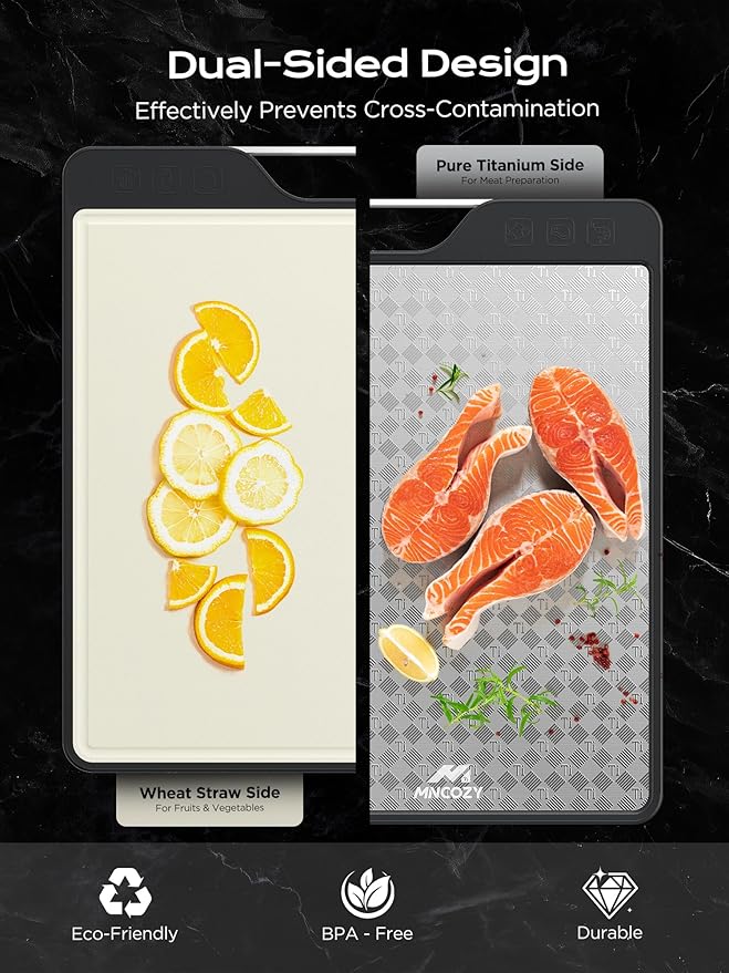 Titanium Cutting Board for Kitchen, Double-Sided Pure Titanium(Checkered Design) & Wheat Straw PP, Food Grade Chopping, Non Toxic, Easy to Clean, 16"×11"
