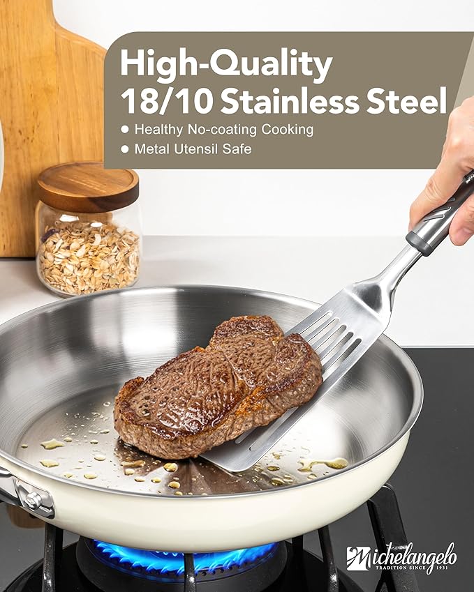 MICHELANGELO Stainless Steel Frying Pan Set, 8" 9.5" 11" Induction Pan, Triply Base Cooking Pans with Ergonomic Handle, for All Stove - Beige