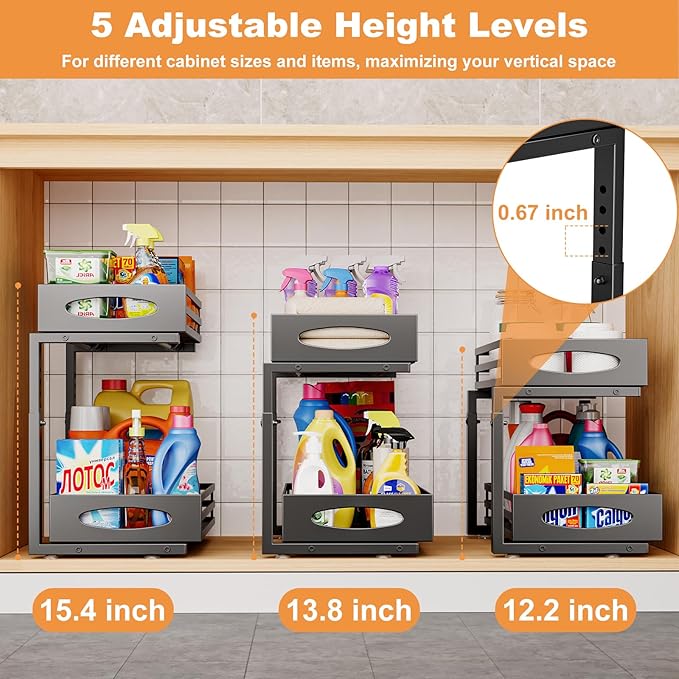 Under Sink Organizer, 2 Tier Under Sink Organizers and Storage, Adjustable Height, Slide out Metal Cabinet Organizers, Pull out Cabinet Storage Drawer Shelf for Kitchen Bathroom Black 1Pack