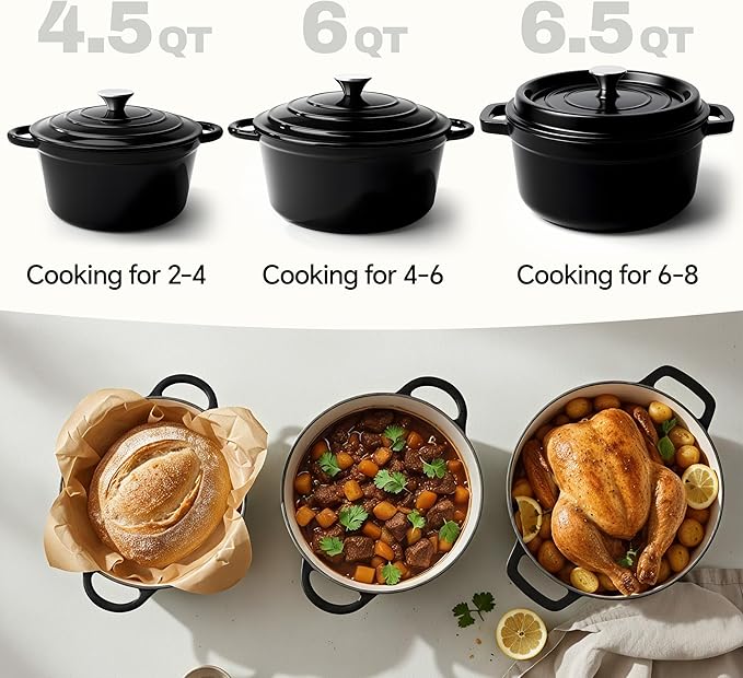 4.5 Quart Dutch Oven Pot with Lid, Non Stick Enameled Cast Iron Dutch Oven for Bread Baking,Heavy-Duty, Oven Safe Ceramic Cookware Up to 500°F for Baking, Braising, Stews, Roasting, Black