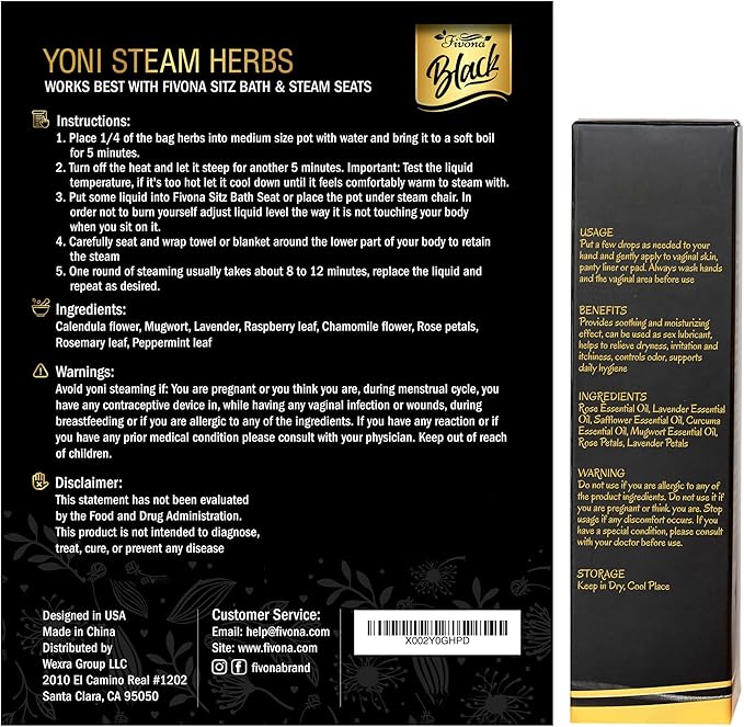 Fivona Black 4-in-1 Yoni Care Steam Kit Includes Feminine V Oil, Sitz Bath Seat, Yoni Steaming Herbs and Storage Bag - Effective Detox pH Balance Cleansing and Moisturizing