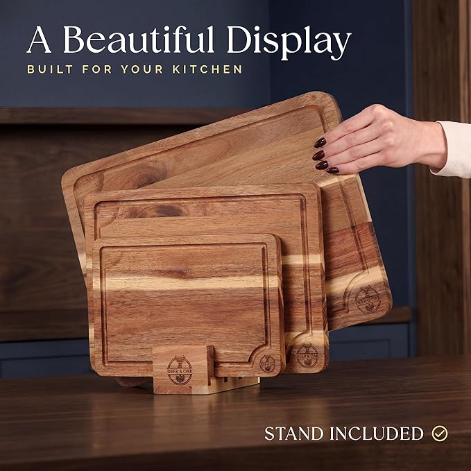 Pre-Oiled, Non Toxic 3-Piece Acacia Cutting Board Set with Stand, FSC Certified Wooden Chopping Boards, Includes 100ml Chopping Board Oil, 3 Size Wood Carving Boards for Home, BBQ Kitchens, Deer & Oak