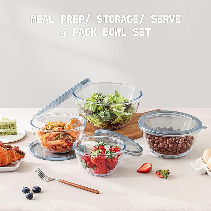 4pc Glass Mixing Bowls with Lids Set (2.80QT, 1.64QT, 1.16QT, 0.85QT), Thick Salad Bowl, Nesting Glass Mixing Bowl for Cooking, Baking, Prepping-Dishwasher Microwave Freezer Safe