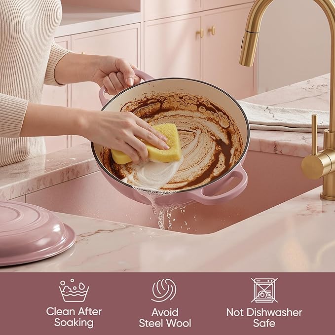 3 Quart Enameled Cast Iron Braiser, Non Stick Enameled Cast Iron Skillet with Lid, Dutch Oven Skillet with lid up to 500°F for Oven, Stove, Grill, Shallow Dutch Oven for Cook, Bake (Pink)