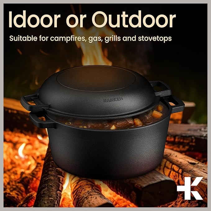 Bakken 2-in-1 Cast Iron Dutch Oven Pot with Skillet Lid, 5QT Pre-Seasoned Dutch Oven for Bread Baking, Roasting & Campfire Cooking, Heavy-Duty Indoor & Outdoor Use with Easy-Grip Dual Handles