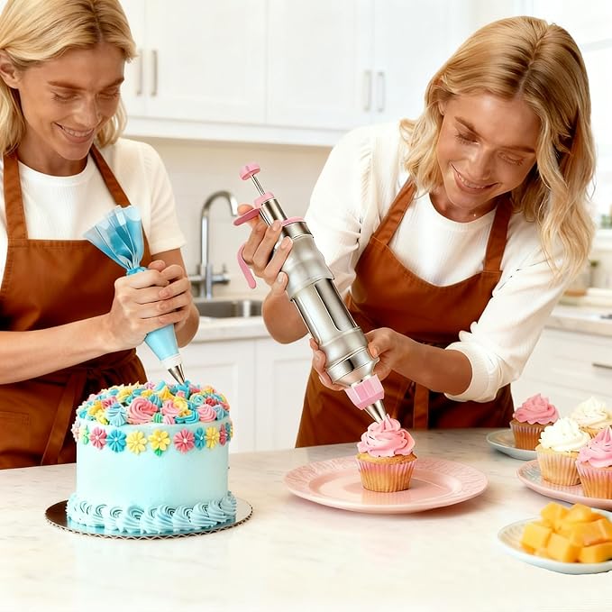 Gawren-H&E 208 PCS Cake Decorating Kit,Baking Supplies with Dessert Decorating Syringe Set,Storage Case,Icing Piping Bags and Tips Set,Frosting Fondant Bakery Set for Adults Beginners(Light Pink)