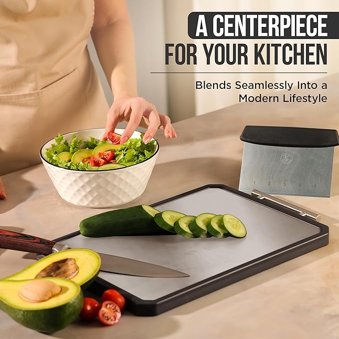 Swing Swagger Titanium Cutting Board for Kitchen with Measuring Scraper – 16” x 11” Double-Sided Metal Cutting Board, Non-Toxic, Food-Grade Titanium & Wheat Straw PP, Steel Grip Handle, Non-Slip Edges