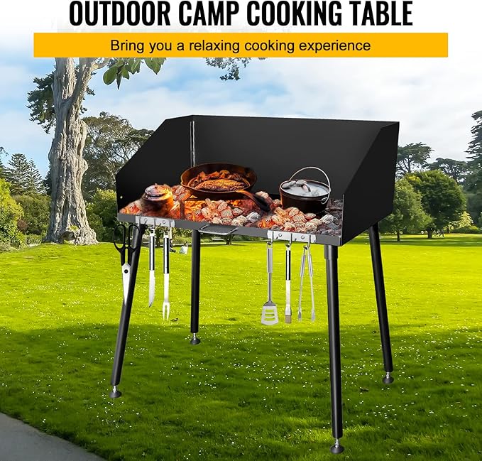 30 x 16 Inch Carbon Steel Dutch Oven Camp Cooking Table with Three-Sided Windscreen and Four Legs for Grill Travel, Outdoor Picnic, Beach, BBQ, Backyards