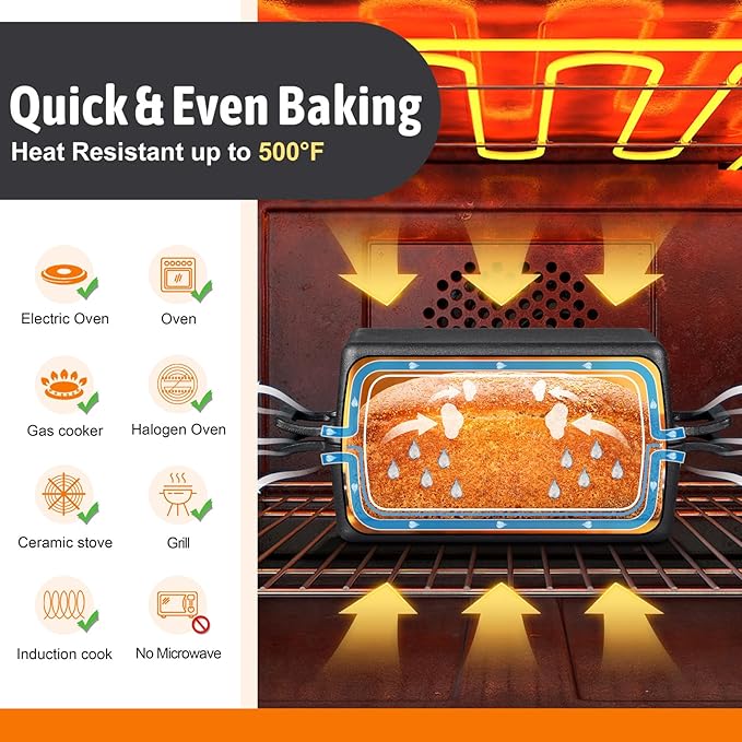 P&P CHEF 2-In-1 9 x 5 Inch Cast Iron Loaf Pan with Lid (Black), Bread Loaf Pans for Baking Homemade Sourdough Bread, Meatloaf, Toast, Cake, Nonstick & Healthy & Sturdy, 2 Piece Set