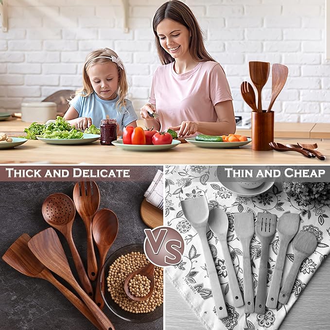 Wooden Utensil Set 6Pcs Wooden Spoons for Cooking, Natural Teak Wood, Non-Stick, Smooth Finish, Easy to Clean, Comfort Grip, Kitchen Wooden Cooking Utensils Set