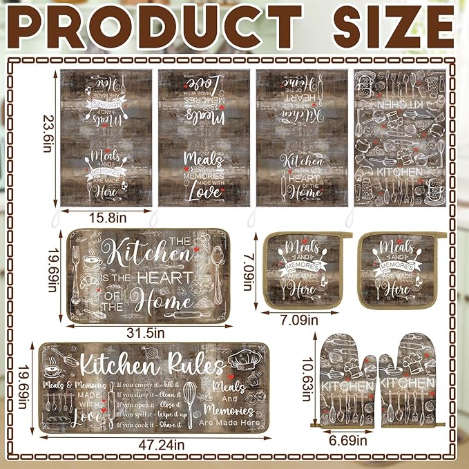 10 Pcs Farmhouse Kitchen Decor Brown Oven Mitts and Pot Holders Sets Vintage Kitchen Dish Towels Rustic Pattern Oven Gloves for Home Decorations Baking Cooking Birthday Summer Gifts