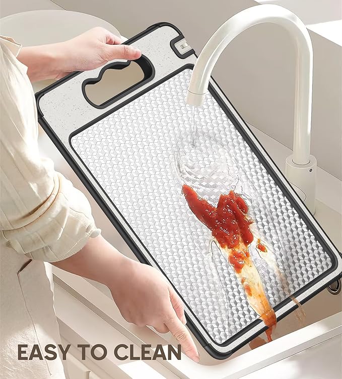 Double Sided 304 Stainless Steel & Wheat Straw Cutting Board, 14.4"*9.8" Non Toxic Lightweight Chopping Board, Separately Handle Meat and Vegetables, Dishwasher Safe, Scratch Resistant Mesh Design