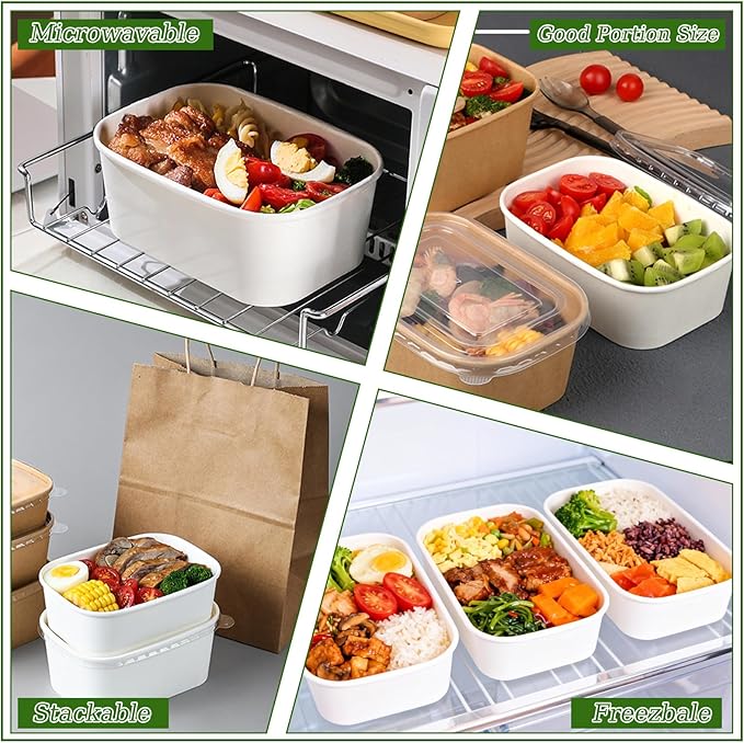 DI QIU REN 50-Pack 35oz Disposable Meal Prep Containers with Lids & Forks, Kraft Paper Bowls To Go Take Out Food Containers with Lids, Microwave & Freezer Safe (White Kraft Paper, 35oz 50 Count)