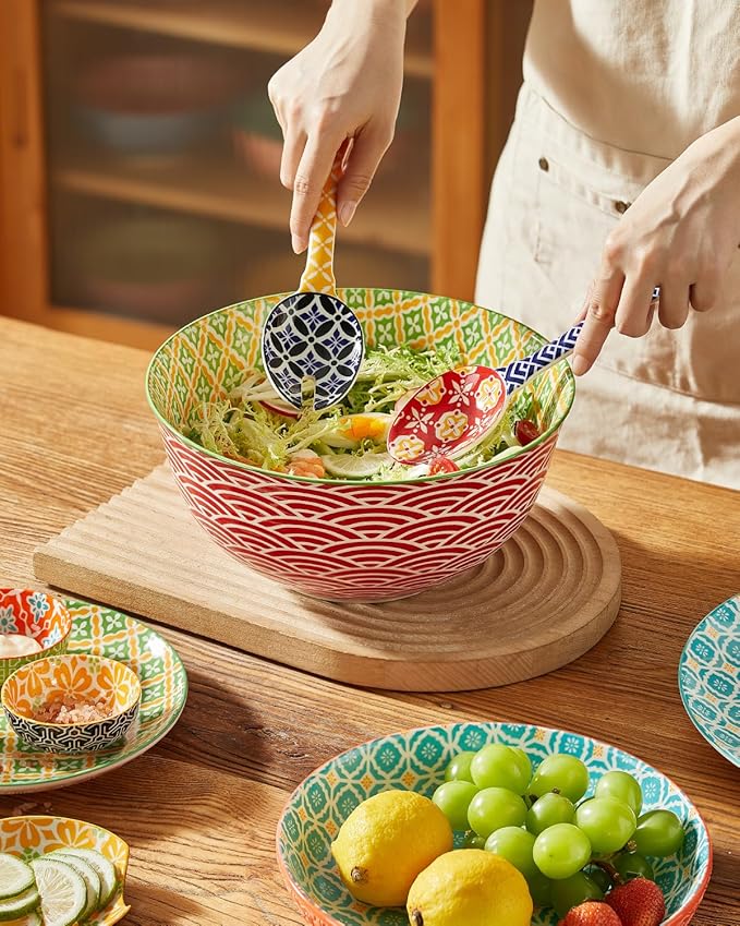 Ceramic Mixing Bowls for Kitchen, Colorful Nesting Bowls, Large Serving Bowls for Prepping, Baking, Mixing, Salad, Microwave Dishwasher Safe, 3.7/2.3/1.4 Qt, Set of 3
