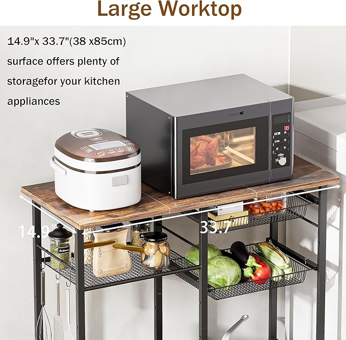 Kitchen Bakers Rack,Microwave Stand with Storge 3-Tier,Coffee Bar Station,6 S-Shaped Hook,Kitchen Storage Shelf,33.7D x 14.9W x 29.9H Inches,Rustic Brown