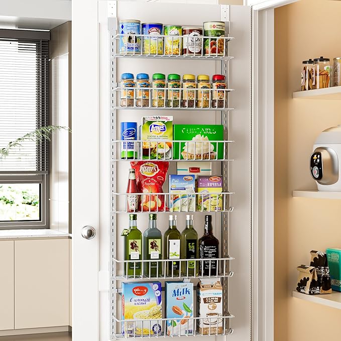 Delamu Adjustable Cabinet Door Organizer, 6-Tier Hanging Spice Rack Organizer, Metal Over the Door Pantry Organizer, Pantry Organizers and Storage Shelves for Kitchen Bathroom Laundry Room, White M