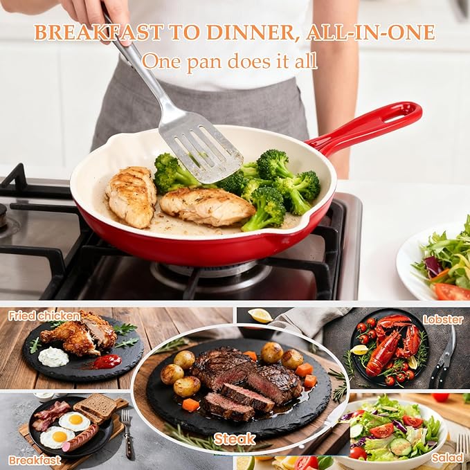 Hisencn Cast Iron Skillets,10.2 Inch Ceramic Frying Pan,Nonstick Frying Pan Without PFAS & PTFE & PFOA,Dishwasher & Oven Safe,Enameled Cast Iron Skillet For Gas/Electric Stovetop