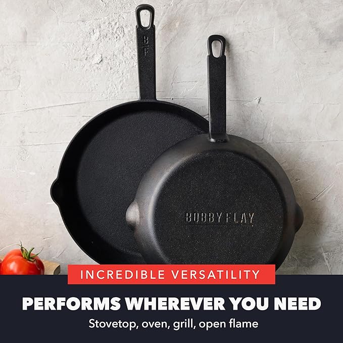 GreenPan x Bobby Flay Cast Iron Skillet Set, 8” &10” Pre-Seasoned Frying Pans, Pour Spouts, Induction Compatible, Oven, Grill, Indoor/Outdoor, Durable, Black