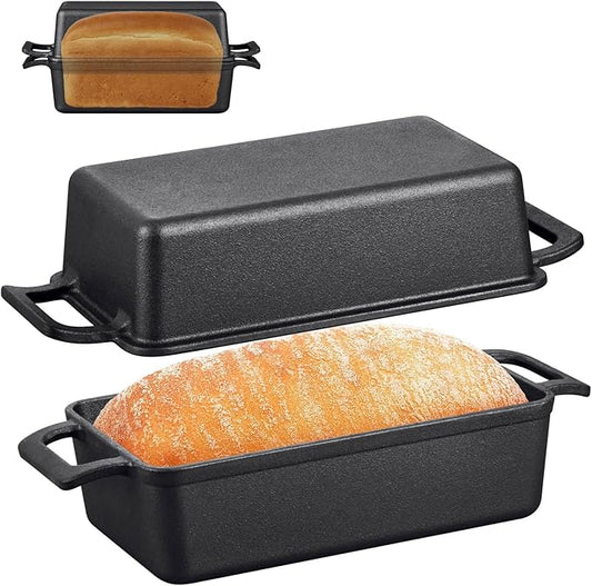 P&P CHEF 2-In-1 9 x 5 Inch Cast Iron Loaf Pan with Lid (Black), Bread Loaf Pans for Baking Homemade Sourdough Bread, Meatloaf, Toast, Cake, Nonstick & Healthy & Sturdy, 2 Piece Set