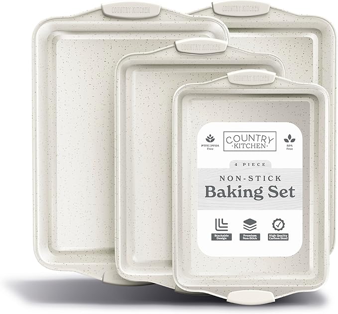 Country Kitchen Nonstick Stackable Bakeware Set - Heavy Duty, Durable, Easy Release Baking Set, Cream, 4 Pcs