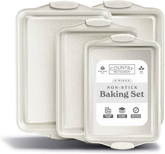 Country Kitchen Nonstick Stackable Bakeware Set - Heavy Duty, Durable, Easy Release Baking Set, Cream, 4 Pcs