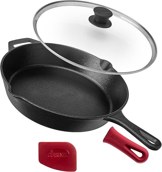 Cuisinel Cast Iron Skillet with Lid - 12"-Inch Frying Pan + Glass Cover + Silicone Handle Holder - Pre-Seasoned Oven Safe Cookware - Indoor/Outdoor Use - Grill, BBQ, Fire, Stovetop. PFAS and PFOA-free