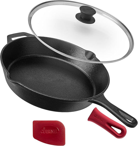 Cuisinel Cast Iron Skillet with Lid - 12"-Inch Frying Pan + Glass Cover + Silicone Handle Holder - Pre-Seasoned Oven Safe Cookware - Indoor/Outdoor Use - Grill, BBQ, Fire, Stovetop. PFAS and PFOA-free