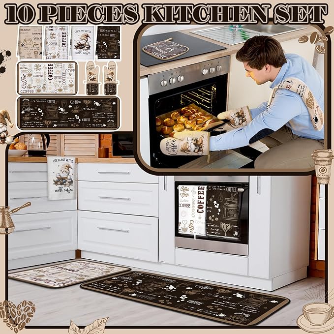 10 Pcs Coffee Kitchen Decor and Accessories Oven Mitts and Pot Holders Set Coffee Dish Towels Rugs Farmhouse Kitchen Decor Vintage Potholder Brown Gloves for Baking Cooking BBQ Women Mom Gift