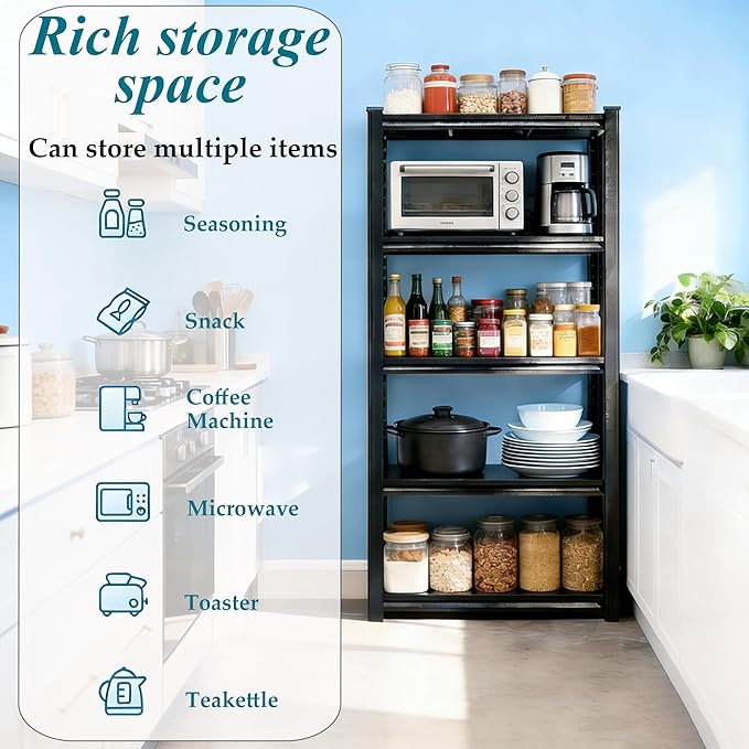 Kitchen Shelves Pantry Organizers and Storage, Adjustable Metal Shelving Unit, Kitchen Essentials Microwave Stand, Corner Shelf, Home Organization (31.5" W × 13.8" D × 71.2" H, 5)