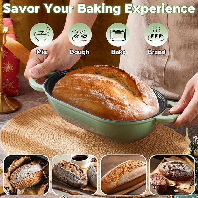 Onader Enameled Cast Iron Oval Dutch Oven for Bread Baking, 9x5-1/2 Inch Loaf Cast Iron Bread Oven Pan with Lid, 2.8QT Meatloaf Pan for Sourdough, Heavy Duty - Pistachio Green