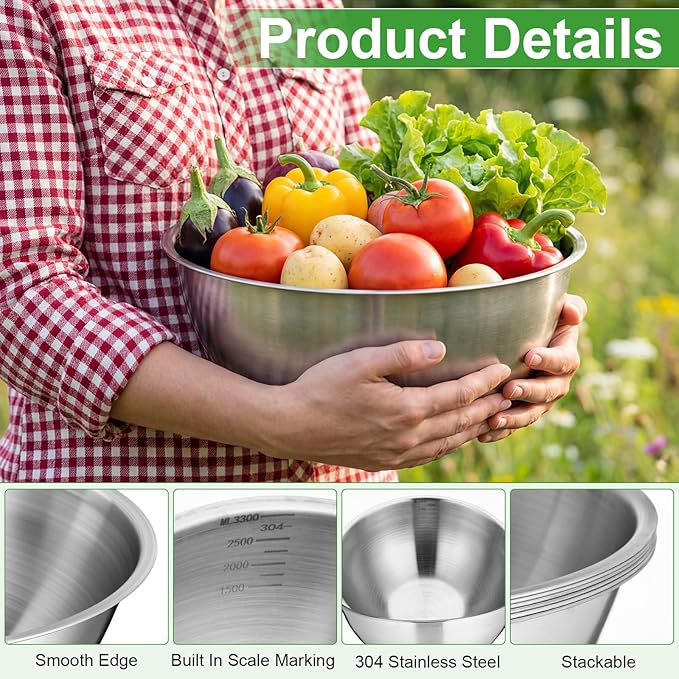 Honeydak 6 Pcs 304 Stainless Steel Mixing Bowls with Graduations, Salad Bowls Metal Serving Reusable Baking Food Storage Containers for Baking Cooking Salads Soups Ice Cream Noodles (101 oz)