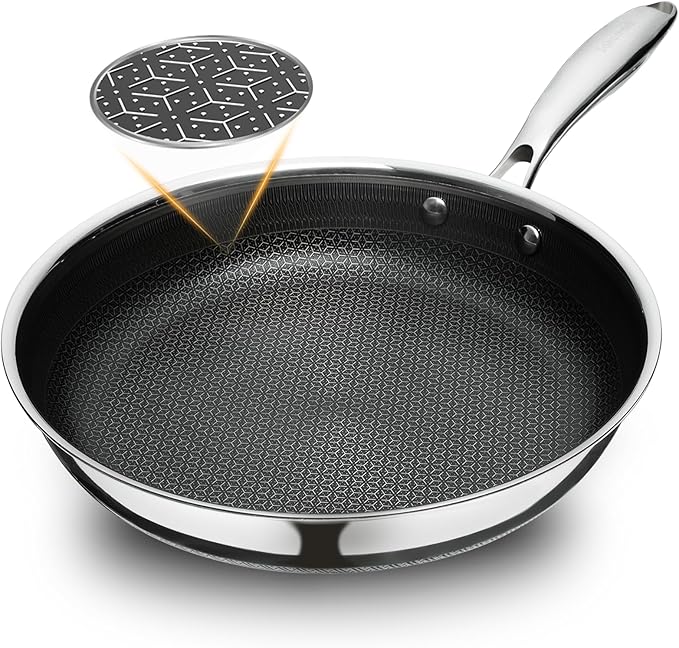 11" Non Stick Frying Pans, Hybrid Ceramic Stainless Steel Pan, Skillet with Stay-Cool Handle, Non Toxic, PFAS PFOA PTFE Free, Dishwasher & Oven Safe, Induction, Compatible with All Cooktops