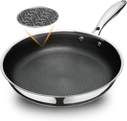 11" Non Stick Frying Pans, Hybrid Ceramic Stainless Steel Pan, Skillet with Stay-Cool Handle, Non Toxic, PFAS PFOA PTFE Free, Dishwasher & Oven Safe, Induction, Compatible with All Cooktops