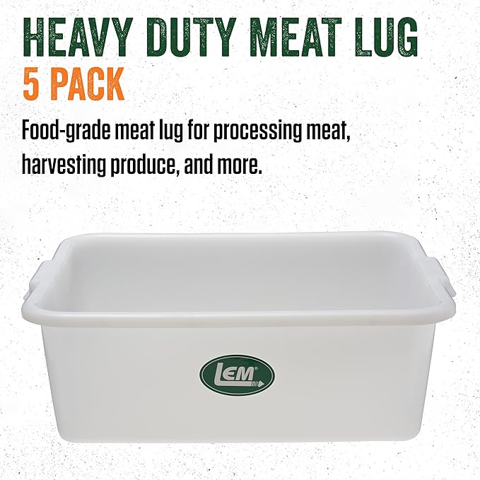LEM Products Heavy Duty Meat Lug, Large Plastic Storage Containers for Meal Prep, High-Density Polyethylene (HDPE), White, 5-Pack