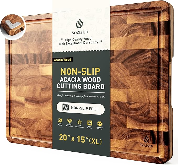 Extra Large End Grain Cutting Board for Kitchen with Non-slip Feet, Acacia Wood Heavy Duty Checkered Cutting Board Handcrafted Luxury Chopping Board for Cheese and Vegetables Housewarming Gift