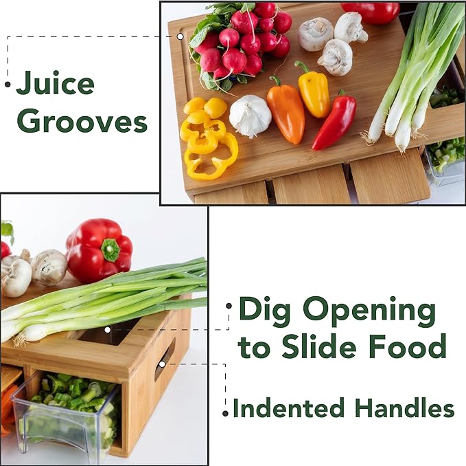BAMBOO LAND- Large Bamboo Cutting Board with Containers, Food Prep Station, Cutting Board with Storage
