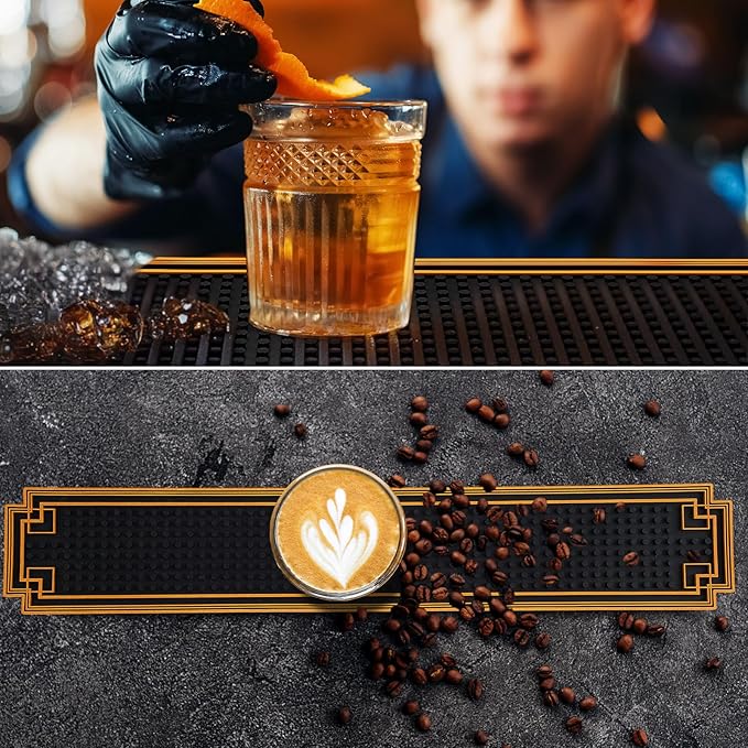 1 Pcs Bar Mat 24 x 4 Inch Non Slip Rubber Mat with Gold Border Durable Stylish Spill Cocktail Service Coffee Mats for Restaurants Barbershop Clippers Bartending, Black