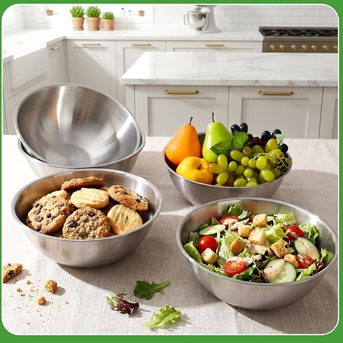 Honeydak 6 Pcs 304 Stainless Steel Mixing Bowls with Graduations, Salad Bowls Metal Serving Reusable Baking Food Storage Containers for Baking Cooking Salads Soups Ice Cream Noodles (54 oz)
