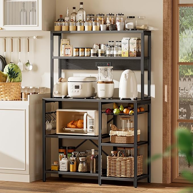 SUPERJARE Bakers Rack with Power Outlet, 35.4 Inches Coffee Bar with Wire Basket, Kitchen Microwave Stand with 6 S-Shaped Hooks, Open Storage Shelves, Black