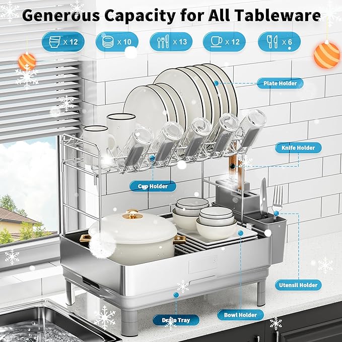 Ewaiira Dish Drying Rack, 2 Tier Large Dish Rack, Stainless Steel Dish Drainer for Kitchen Counter, Dishes Rack with Automatic Drainage, Utensil Holder&Cups Holder,Space Saving Kitchen Organizer,Gray